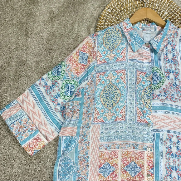 Chico’s No Iron 100% Linen Coastal Tile Button Down Shirt Top Multicolor Boho 18 - Picture 3 of 14